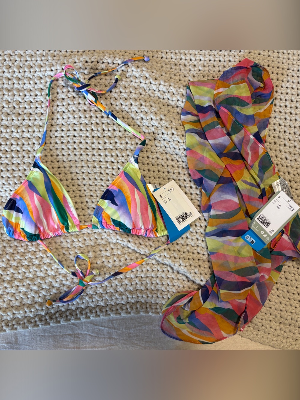 Colorful Multi-Stripe Triangle Bikini Top with Sheer Sarong
